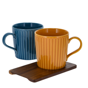 Juego de tazas de porcelana con posavasos de madera amarillo/azul 1SET
