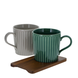 Juego de tazas de porcelana con posavasos de madera gris claro/verde 1SET