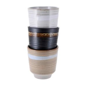 JARI – Taza de té de gres 200 ml (75 × 80 mm), 3 diseños surtidos en caja de regalo