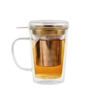 AMO – Vaso de cristal de doble pared 300 ml con tapa y colador de acero inoxidable (color dorado)
