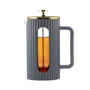 LIVIO GREY – Cafetera y tetera “French Press” 1 L en gris con tapa dorada (vidrio borosilicato, acero inoxidable, PP)
