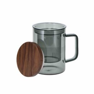 SOHO – Taza con tapa de cristal 350 ml con filtro de cristal y tapa de nogal (color gris)